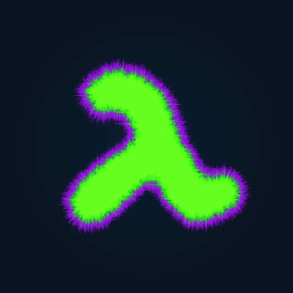 A bright green lambda-shaped drawing with purple textured edges in PyxiGrow